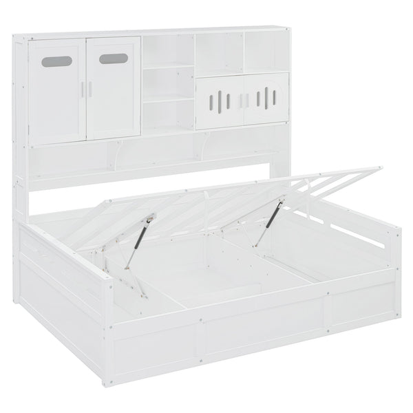 English Elm Full Size Wooden Daybed With Hydraulic Lift, Integrated Storage Cabinet & Stylish Shelving, White N820S00047K