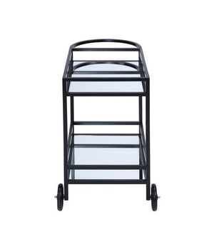 English Elm Colson Black Finish Serving Cart with Mirrored Shelf, Rattan Accents, Metal Frame & 2 Wheels, KD B2726P292343