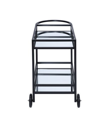 English Elm Colson Black Finish Serving Cart with Mirrored Shelf, Rattan Accents, Metal Frame & 2 Wheels, KD B2726P292343