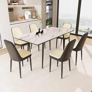 English Elm 47"-63" Extendable Dining Set Six Pu Leather Chairs Mdf Top Black Metal Legs Modern Beige+White W2189S00920
