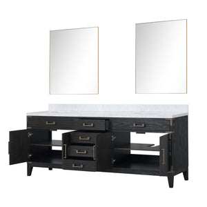 English Elm Black Oak Double Bath Vanity 84" W With Carrara Marble Top & 36" Mirrors - Stylish Storage Solution! B2731S02158