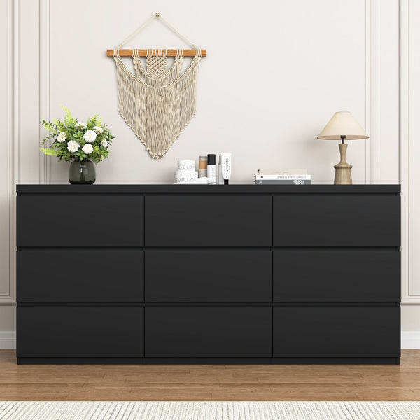 English Elm 9 Drawer Matte Black Dresser Push Open Handleless Design Wide Bedroom Storage Chest W409P334005
