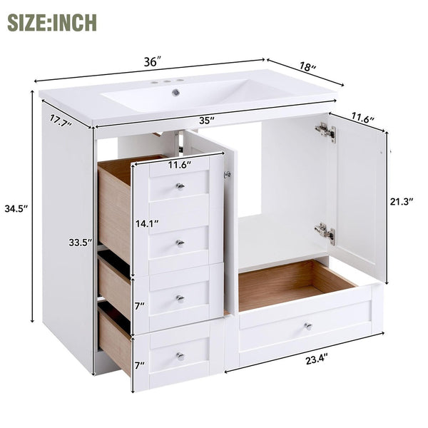 English Elm 36 Inch Shaker Bathroom Vanity with Resin Sink Four Soft Close Drawers Mdf Cabinet White N729P000028K