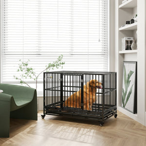 English Elm Pawhut Heavy Duty Metal Dog Kennel with Locking Wheels Dual Access and Slide Out Tray W2225P217161