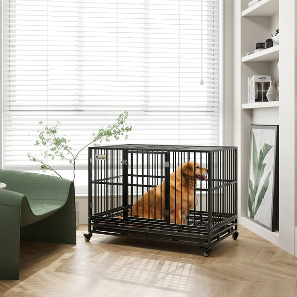 English Elm Pawhut Heavy Duty Metal Dog Kennel with Locking Wheels Dual Access and Slide Out Tray W2225P217161
