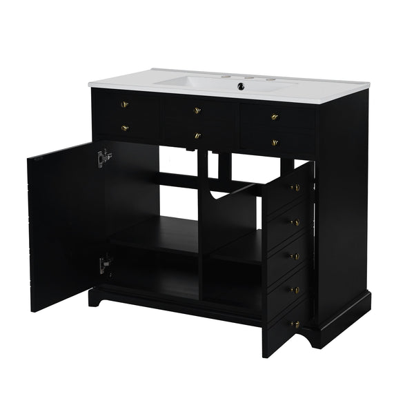 English Elm 36'' Bathroom Vanity with Ceramic Sink Combines Retro Solid Wood Frame, Soft-Close Drawers & Ample Storage Black N710P195628B