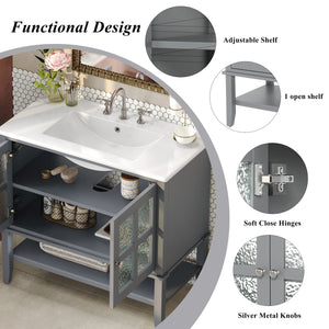English Elm Christopher Knight Home® - 36" Bathroom Vanity with Ceramic Sink, Solid Wood Legs, Waterproof Finish, Soft-Close Hinges, Open Shelf, Silver Knobs Gray N817P286249G