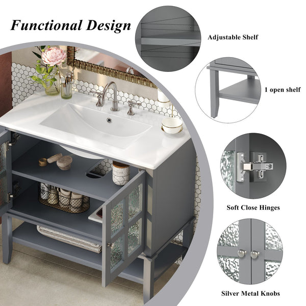 English Elm Christopher Knight Home® - 36" Bathroom Vanity with Ceramic Sink, Solid Wood Legs, Waterproof Finish, Soft-Close Hinges, Open Shelf, Silver Knobs Gray N817P286249G