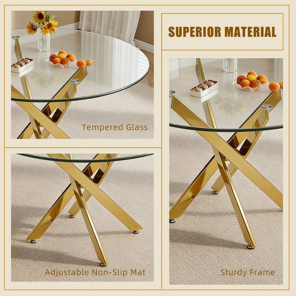 English Elm Modern Round Tempered Glass Dining Table with Glam Gold Iron Base for Compact Spaces Golden W3590S00009