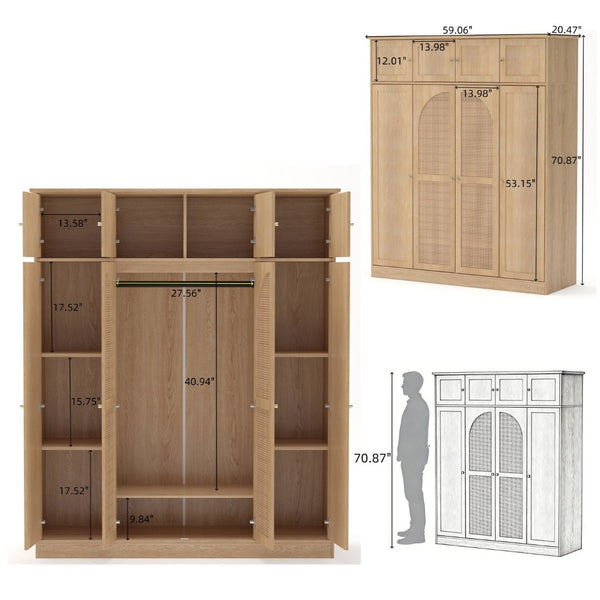 English Elm 70.87"tall Rattan Door Armoire Freestanding Wardrobe with Adjustable Shelves Hanging Rod Natural W757S00054