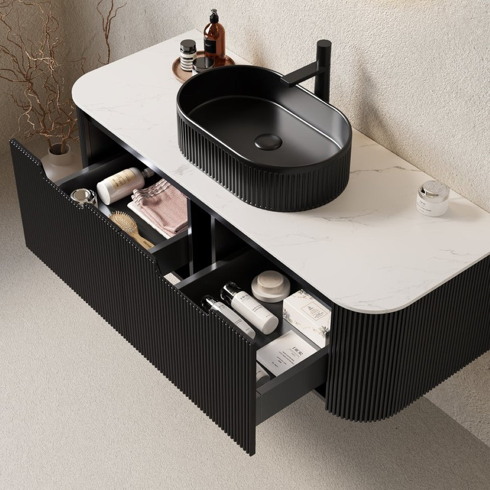 English Elm Dina Floating Bathroom Vanity with Crystal Glass Basin and Sintered Stone Top Black,Carrara White W2615S00199