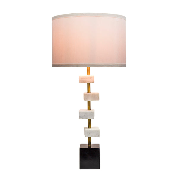 English Elm D15x30" Marble Table Lamp with Brass Frame & White Fabric Drum Shade — Vintage Modern Accent Light for Living Room W2078P399248