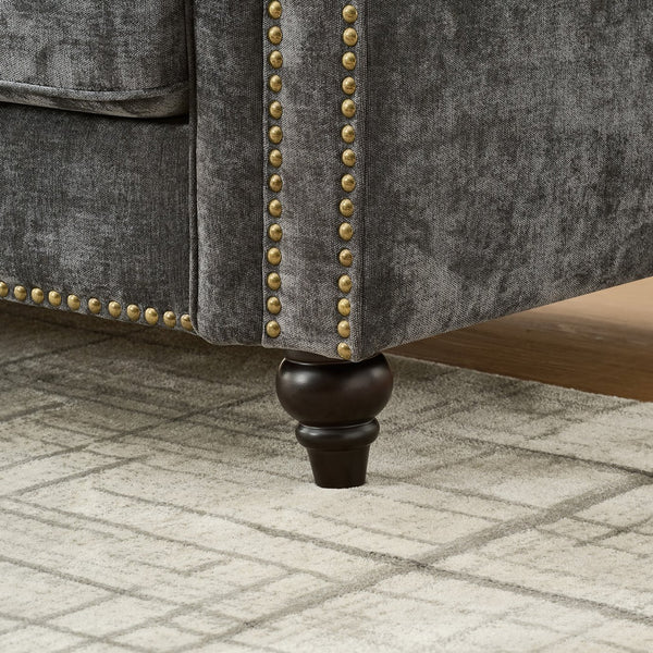 English Elm Modern Chenille 3+2 Seater Sofa with Rolled Arms, Velvet Touch, Nailhead Trim, Solid Wood Legs, Cozy Gray W3373S00021