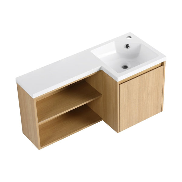 English Elm 36" Corner Floating Vanity with Integrated Resin Sink Open Shelf Light Oak Modern Bath W3450S00049
