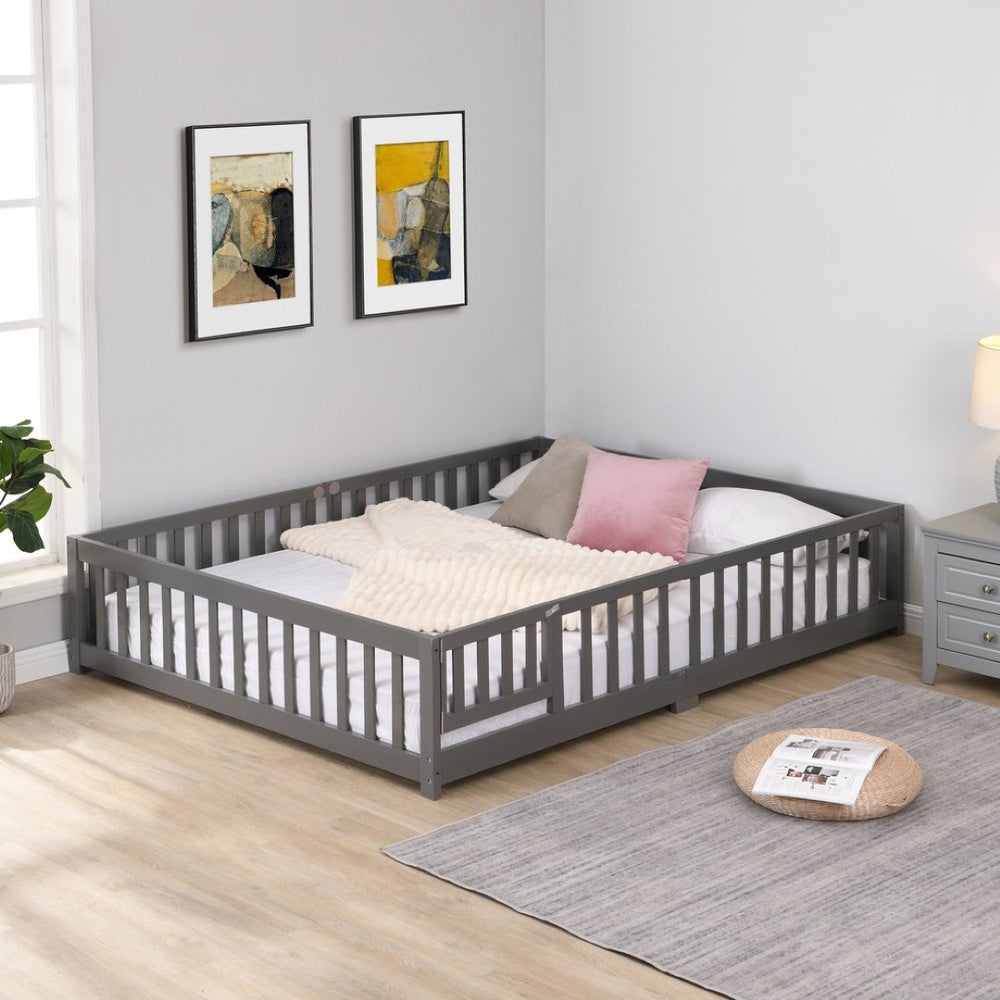 English Elm Twin Pine Wood Floor Bed with Safety Guardrails and Door for Kids Bedroom Gray W495123242