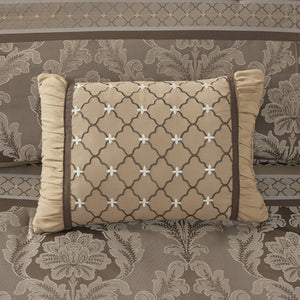 English Elm 7 Piece Jacquard Comforter Set In Rich Brown And Gold – Plush Textures, Decorative Pillows, Queen Size B03597000