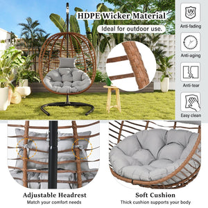 English Elm U_style Wicker Hanging Egg Chair with Stand Foldable Indoor Outdoor Swing Seat Brown+Gray N711P389503G