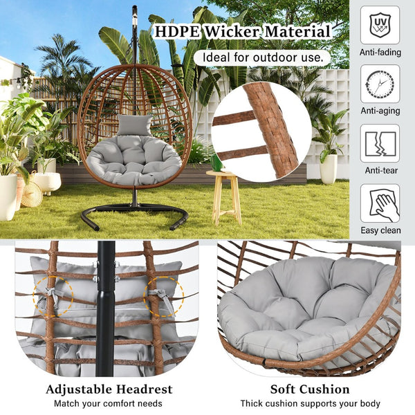 English Elm U_style Wicker Hanging Egg Chair with Stand Foldable Indoor Outdoor Swing Seat Brown+Gray N711P389503G