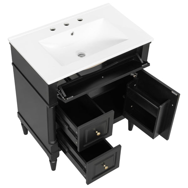 English Elm 30" Freestanding Bathroom Vanity Rubberwood Frame Ceramic Sink Flip Drawer Storage Black N725P356062B