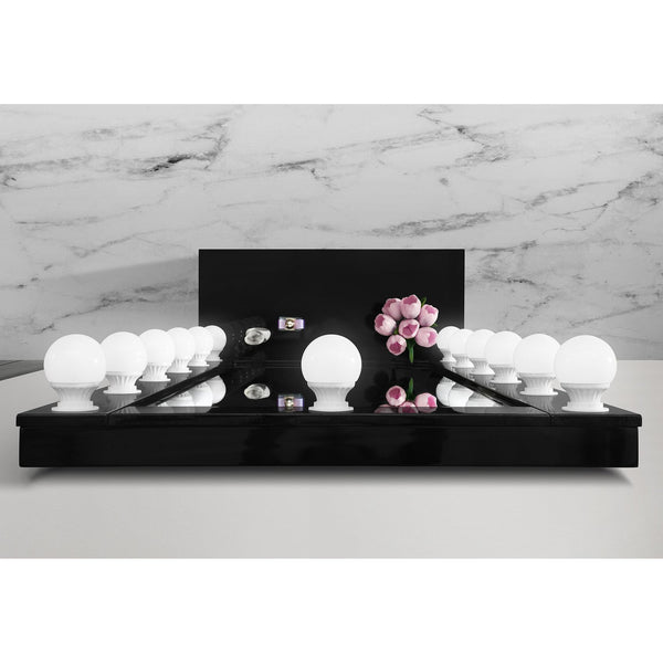 English Elm ELISA LED Vanity Set with Stool, Solid Wood & Glass Top, Built-In Speakers and Spacious Storage Black 33.15 L x 17.8 W x 12.05 H B201S00356