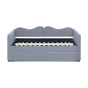 Twin‑size Gingham Upholstered Daybed with Pull Out Trundle and Side Storage Pocket