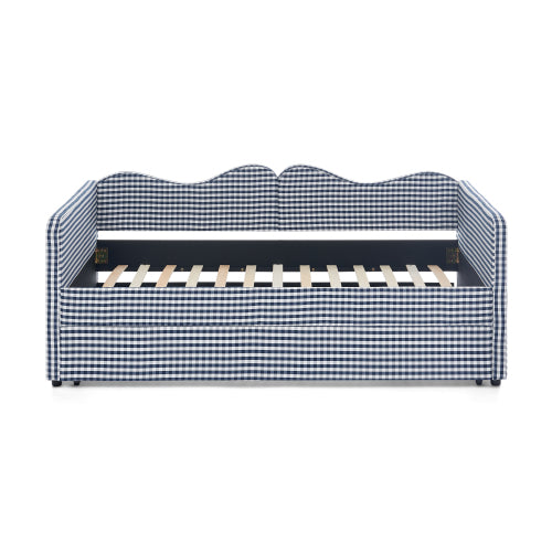Twin‑size Gingham Upholstered Daybed with Pull Out Trundle and Side Storage Pocket