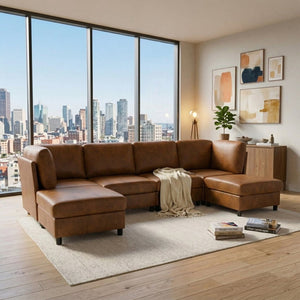 English Elm Modern Configurable Sectional Sofa Foil Fabric Low Profile Living Room Seating Light Brown W5568S00052