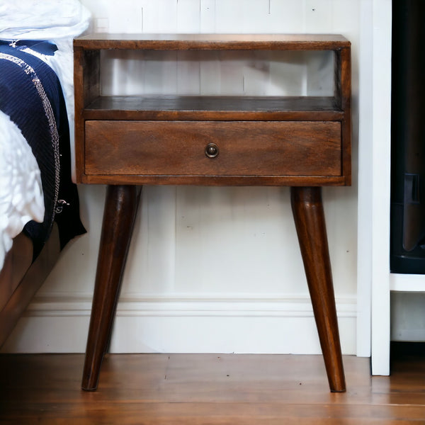 English Elm Modern Chestnut Solid Wood Bedside Nightstand with 1 Drawer & Open Slot, Nordic Legs, Elegant Accent B182P166567