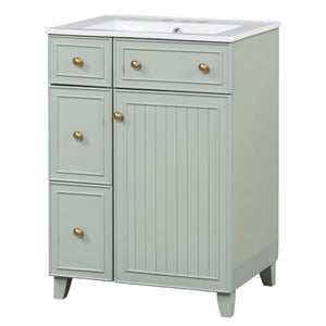 English Elm 24-Inch Bathroom Vanity Cabinet with Ceramic Sink, Space-Saving Storage, Solid Wood Feet, Durable Finish Green WF532034AAF