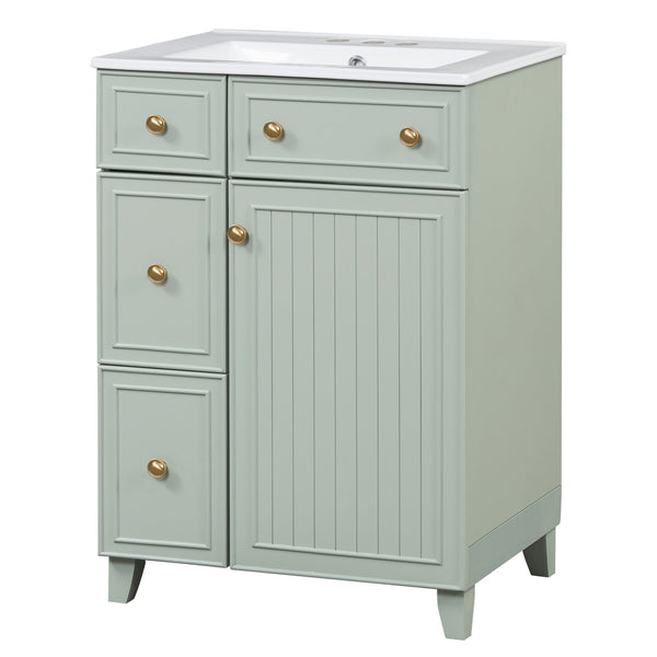 English Elm 24-Inch Bathroom Vanity Cabinet with Ceramic Sink, Space-Saving Storage, Solid Wood Feet, Durable Finish Green WF532034AAF