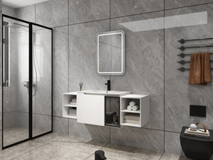 English Elm 54" Floating Bathroom Vanity Glossy White Plywood Cabinet with Ceramic Sink Grey Glass Door W999S00530
