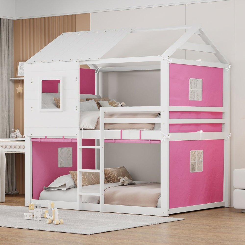 English Elm Full Size Kids Playhouse Bunk Bed Pinewood Frame with Tent Roof and Window Cutouts Pink LT000380AAH-1