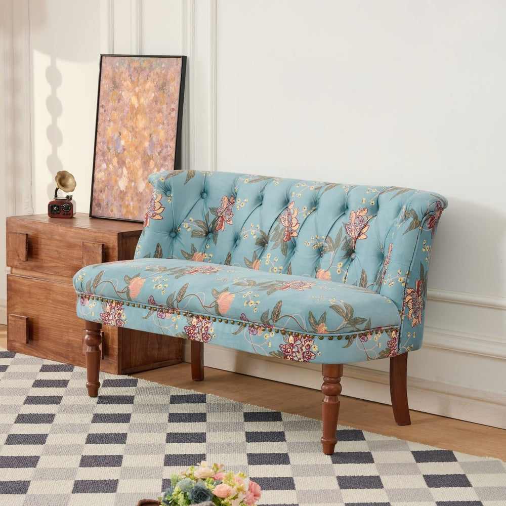 English Elm Sofa Accent Chair Button Tufted Floral Upholstery Botanical Print Vintage Bedroom Seat W3373P453376