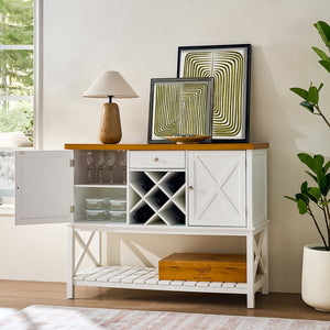 English Elm Bar cabinet Mid-Century Farmhouse Console Table with Wine Rack, Drawer, Shelf & 200lb Capacity White Oak W3417P316958