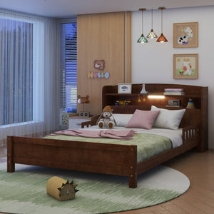 English Elm Full Pine Wood Bed with Bookcase Headboard, LED Motion Sensor, Guardrails & Ample Walnut Storage W504P281004