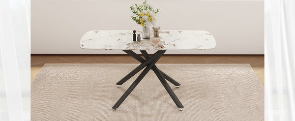 English Elm 63"x35.4" Luxurious Marble-Patterned Tempered Glass Dining Table with Gold Fork Legs, Scratch-Resistant Elegance Black W1151S03723