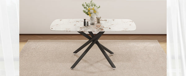 English Elm Large Tempered Glass Rectangular Dining Table Seats Six with Matte Black Metal Frame W1151S04539