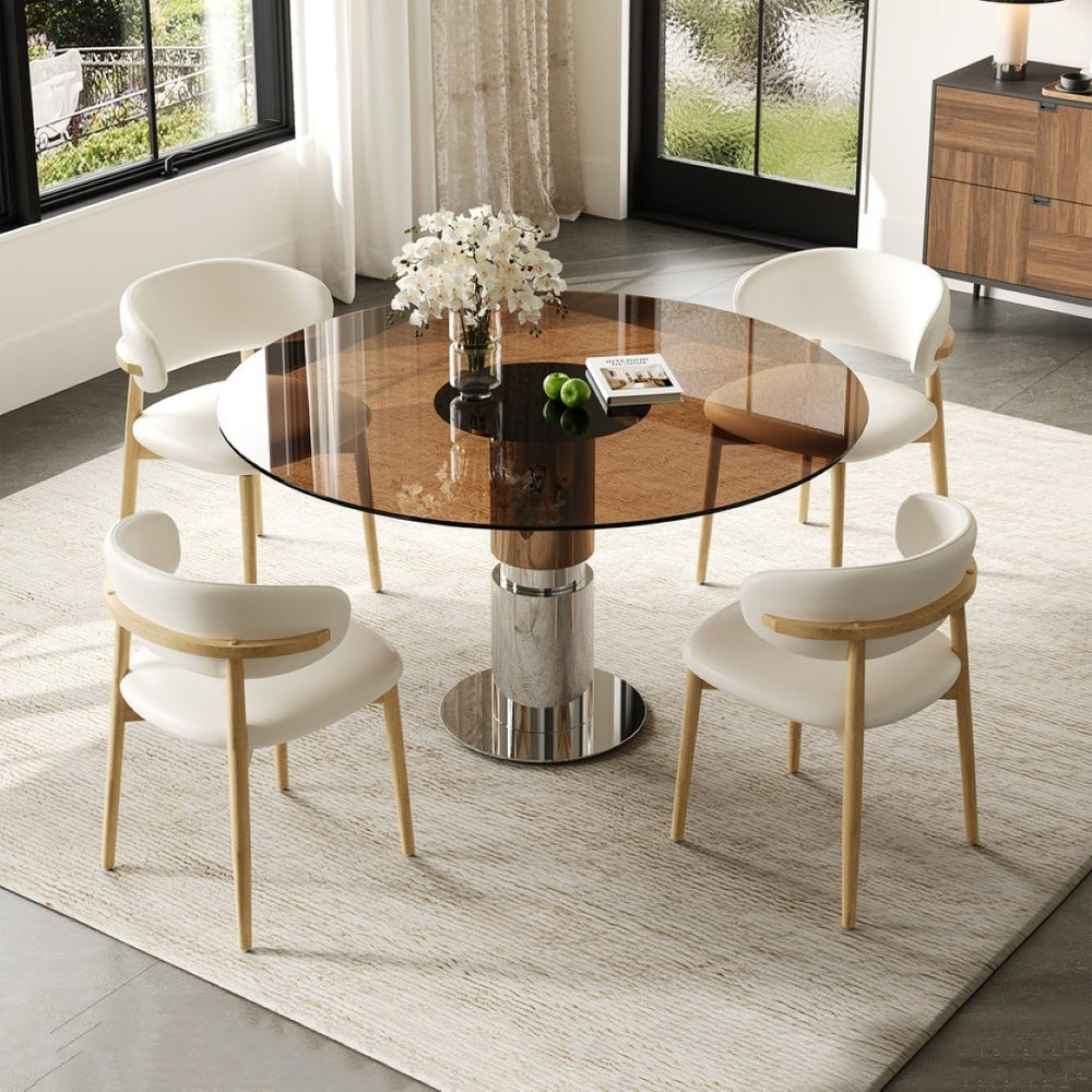 English Elm 35-inch Round Tempered Glass Dining Table with Steel Base for Small Apartments W509S00163