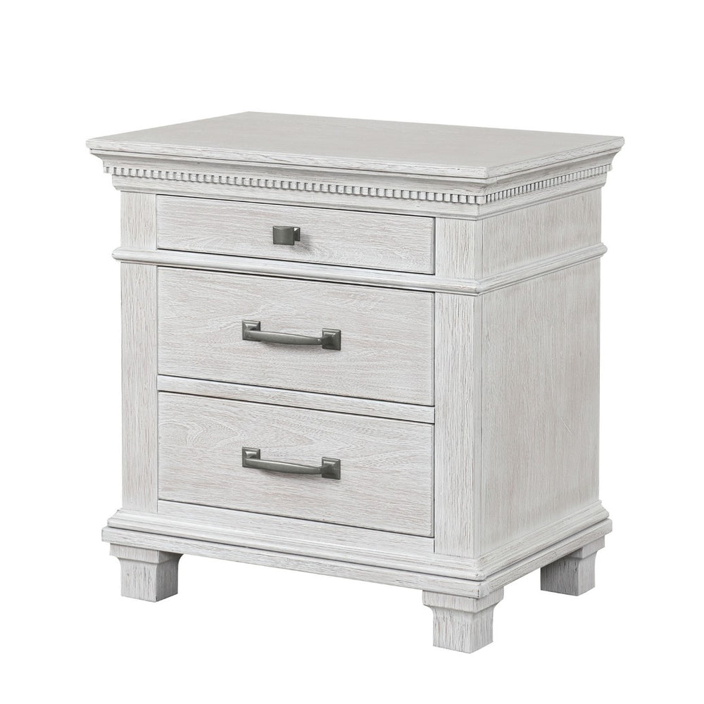 English Elm Transitional 3 Drawer Nightstand Dentil Molding Dovetail Elm Veneer Weathered Gray B2741P435891