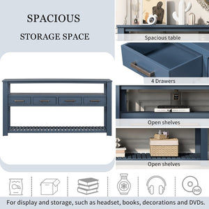 English Elm U_style Wide Painted Console Table Four Drawers Open Shelves Foyer Living Room Navy Blue N711P410406V