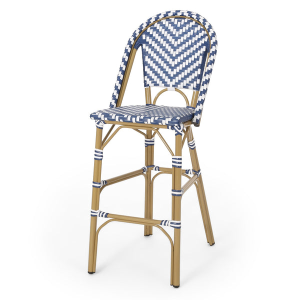 English Elm Christopher Knight Home® - 29.5" Outdoor PE Rattan French Barstool with Bamboo-Print Aluminum Frame, Durable Wicker Cafe Charm Navy Blue,White 71422.00NBLU