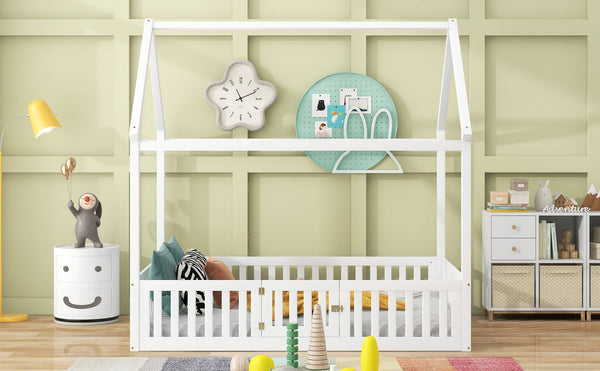 English Elm Full Full Size Wood House Bed with Roof, Fence & Working Door in Washed White Pine — Cozy Play Loft Retreat for Kids (78.1" L x 55.8" W x 77.2" H) WF531502AAK