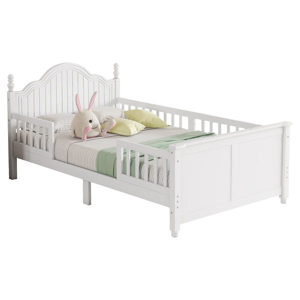 English Elm Twin Solid Wood Platform Bed with Guardrail for Kids, Low-Profile Sturdy Pine Frame, Safe Sleep Solution White 45.75 L x 26 W x 6.5 H W2593P339596