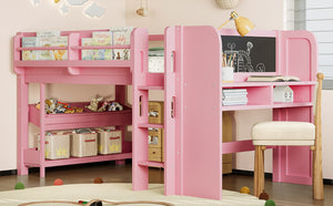 English Elm Twin Low Loft Bed Solid Pine Frame Kids Study Desk Blackboard Storage White W1580S00298