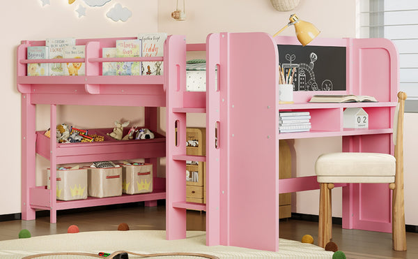 English Elm Twin Low Loft Bed Solid Pine Frame Kids Study Desk Blackboard Storage White W1580S00298