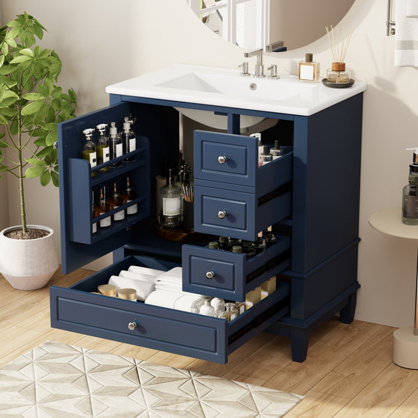 English Elm Christopher Knight Home® - 30" Freestanding Bathroom Vanity with Ceramic Sink, Soft-Close Door, Gold Knobs & 3 Drawers, Durable Painted Finish Blue N759P225994C
