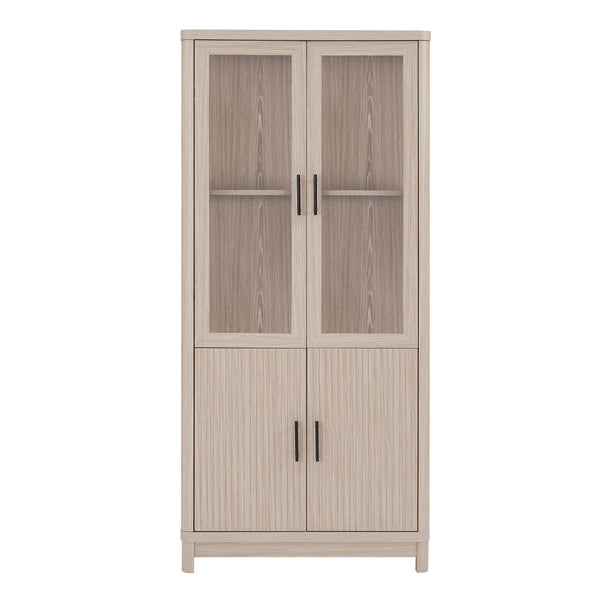 English Elm Jodie Elegant 31" Bookcase Cabinet with 6 Adjustable Shelves, Glass Display Doors & Metal Handles Oak B365P397896
