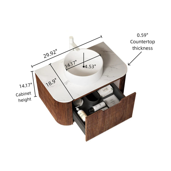 English Elm Dina 30" Floating Bathroom Vanity With Elegant White Sink, Dark Walnut Storage & Soft-Close Drawer W2615S00085