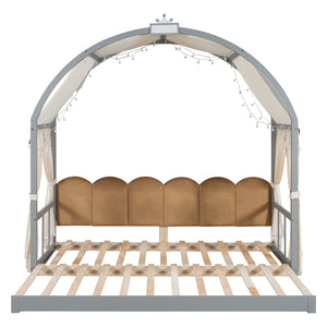 English Elm Twin Pinewood Ground-Level Canopy Bed with Arched Roof and Trundle for Kids—Whimsical, Sturdy Design Gray N820P181648E