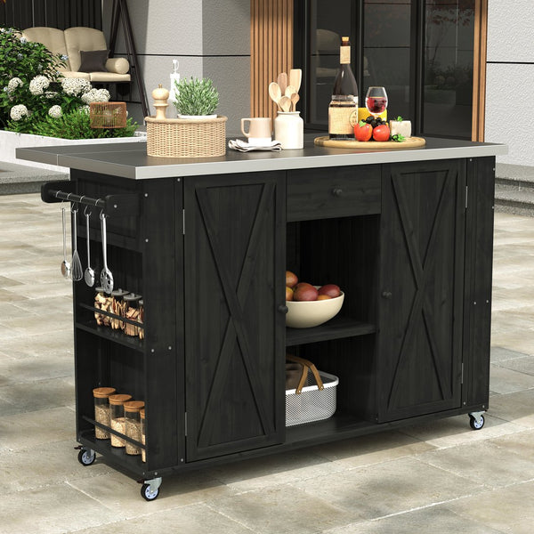 English Elm Outdoor Kitchen Island Solid Fir Wood with Foldable Stainless Top, Ample Storage, Wheels, Opener Black N719P246553B